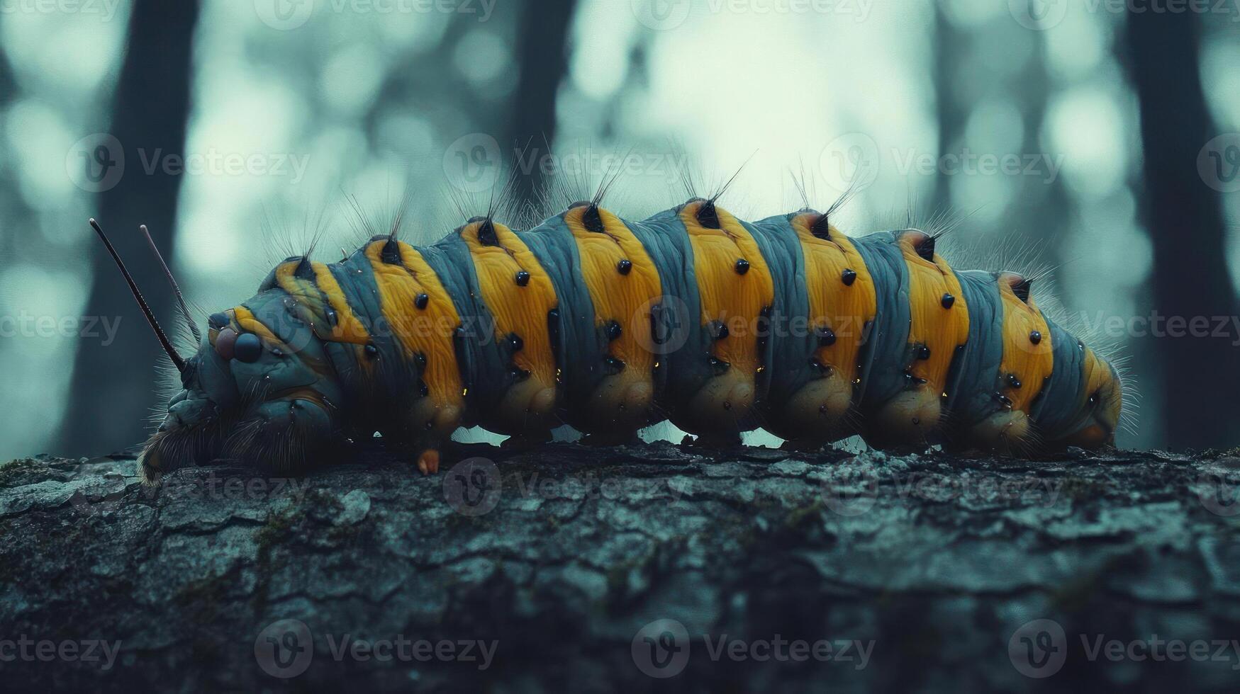 A caterpillar is crawling on a tree trunk in a forest. photo