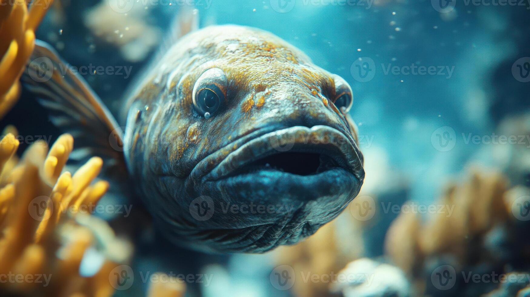 A fish is swimming in the ocean with corals and algae around it. photo