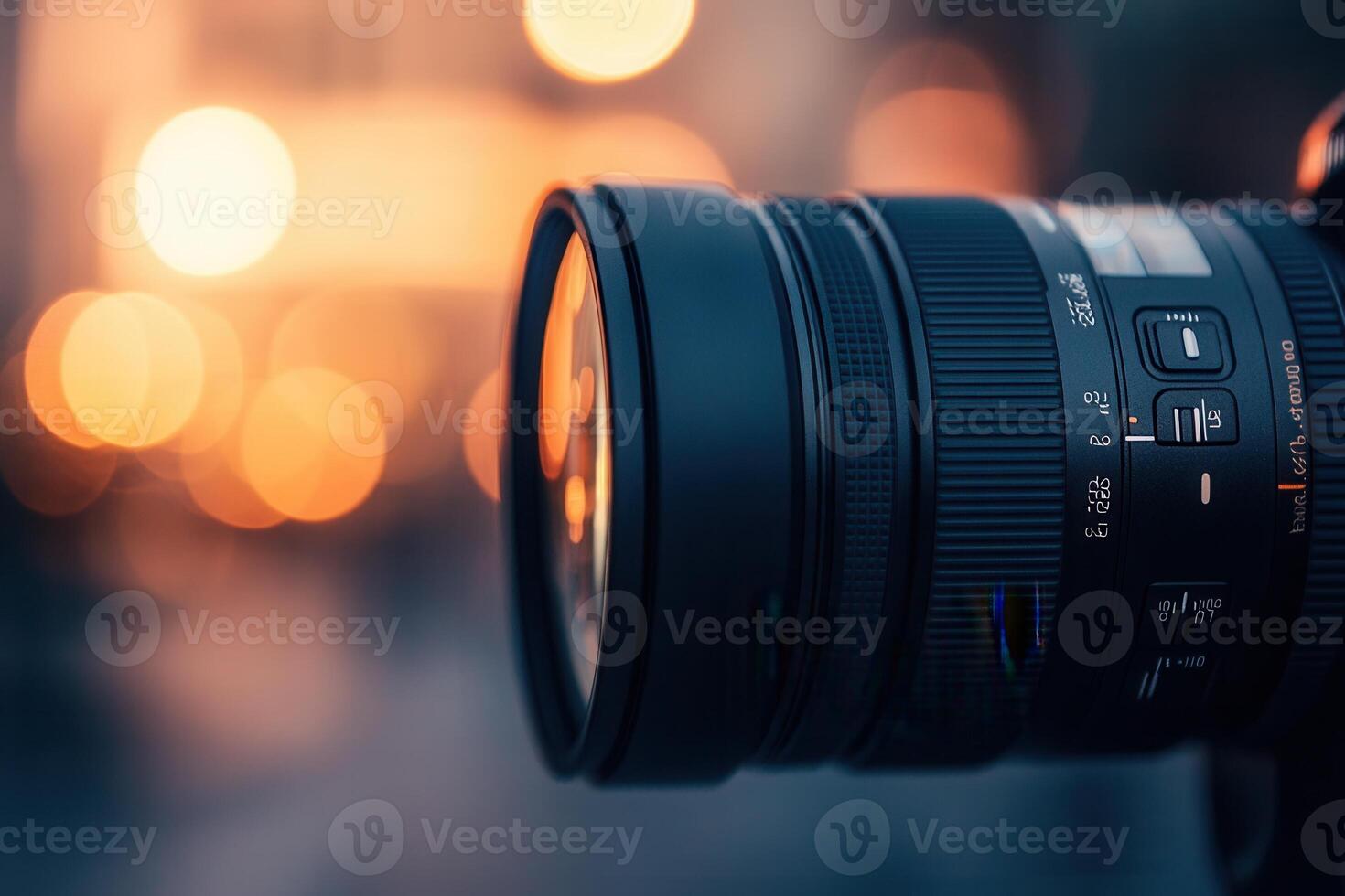 A camera lens is shown in front of a blurry background photo