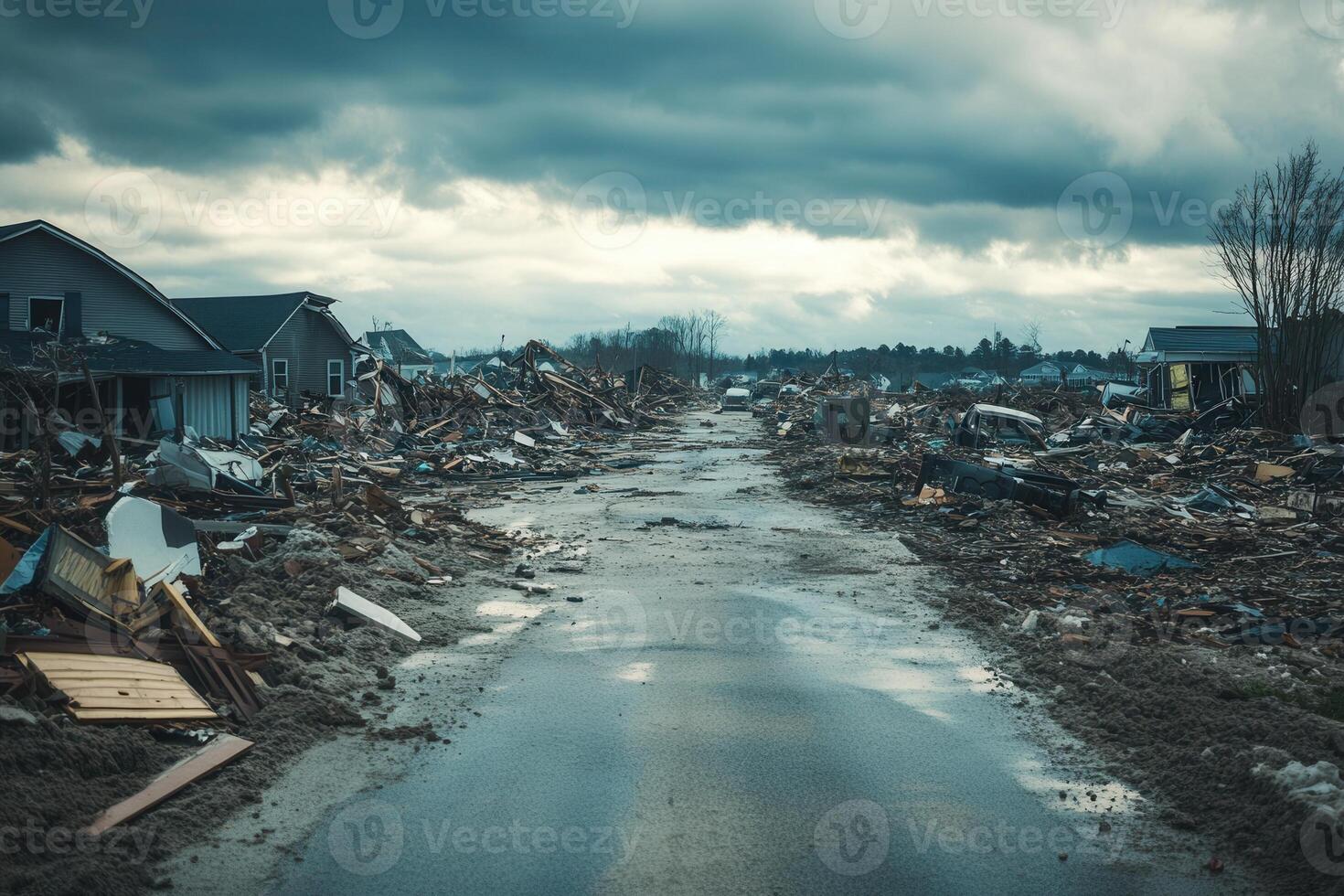 A street with debris and debris in the middle of it photo