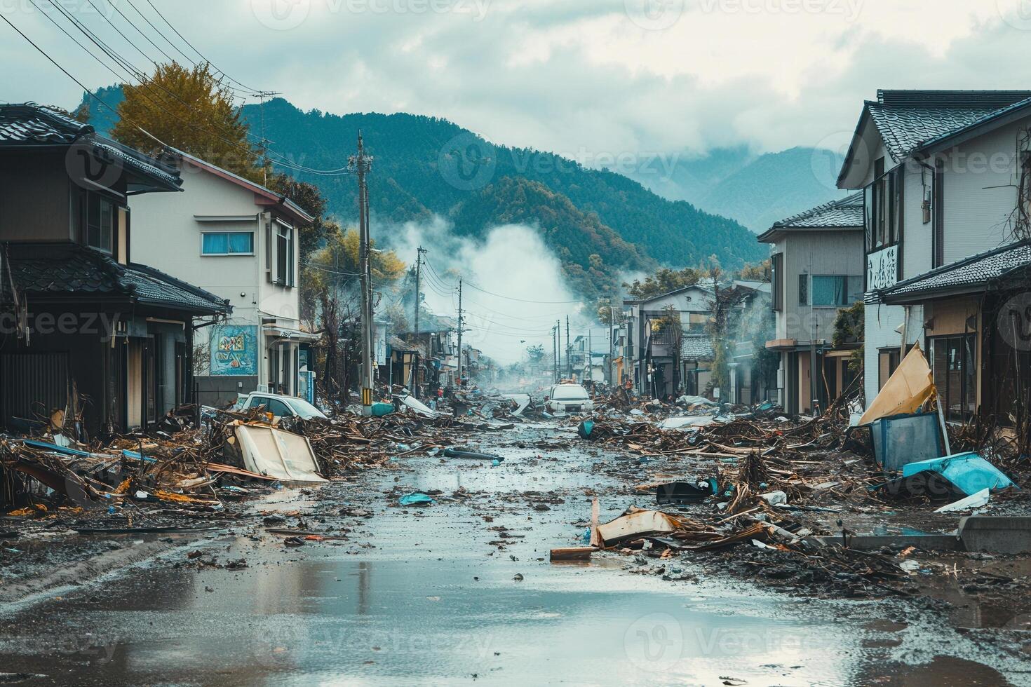 A street in japan with debris and buildings photo