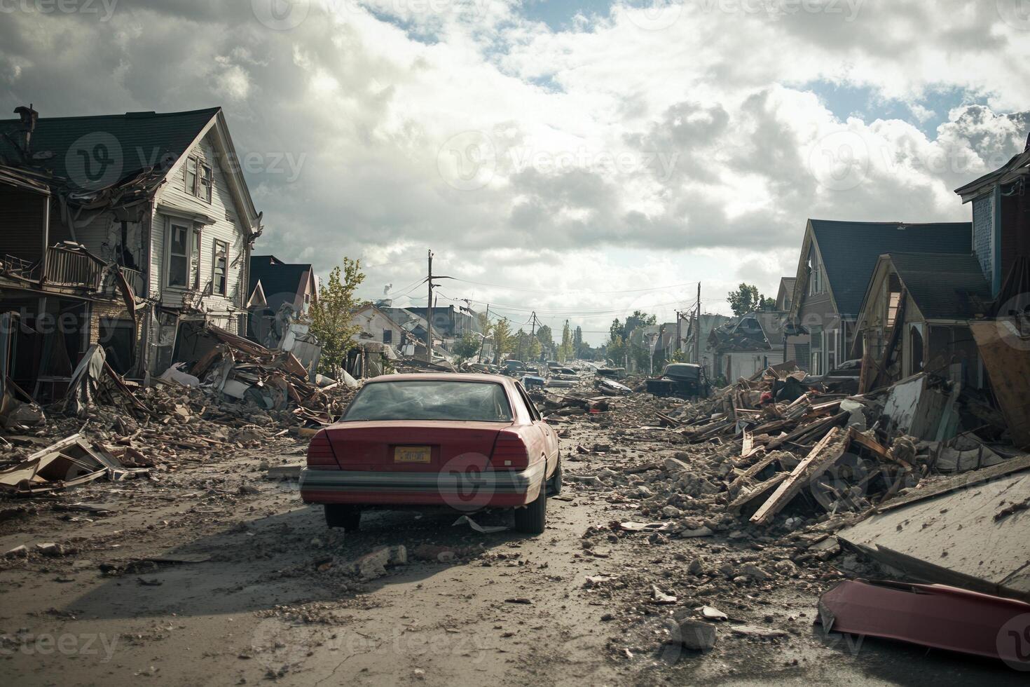 A car is parked in a destroyed neighborhood photo