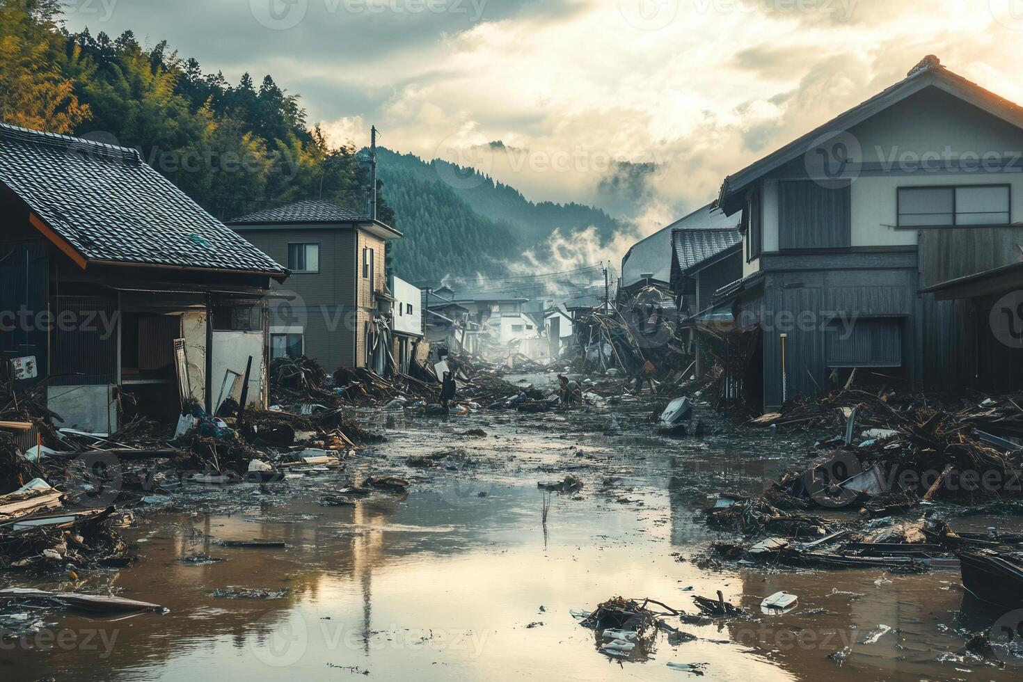 A flooded street in japan with houses and trees photo