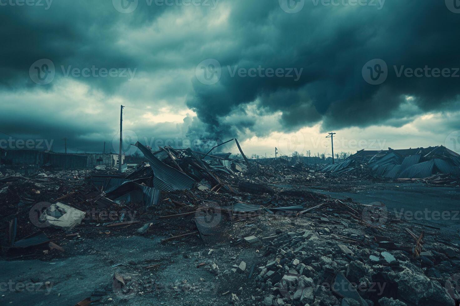 A view of a destroyed building with dark clouds photo