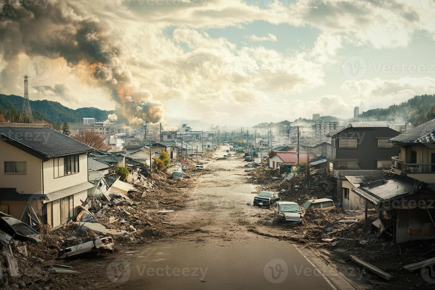 A street with houses and buildings in the middle of a city photo