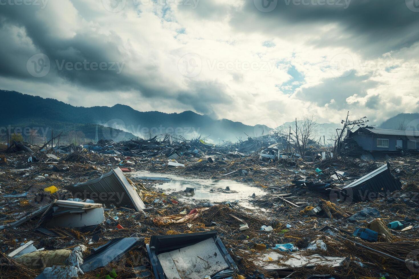 A pile of debris and trash in a field photo