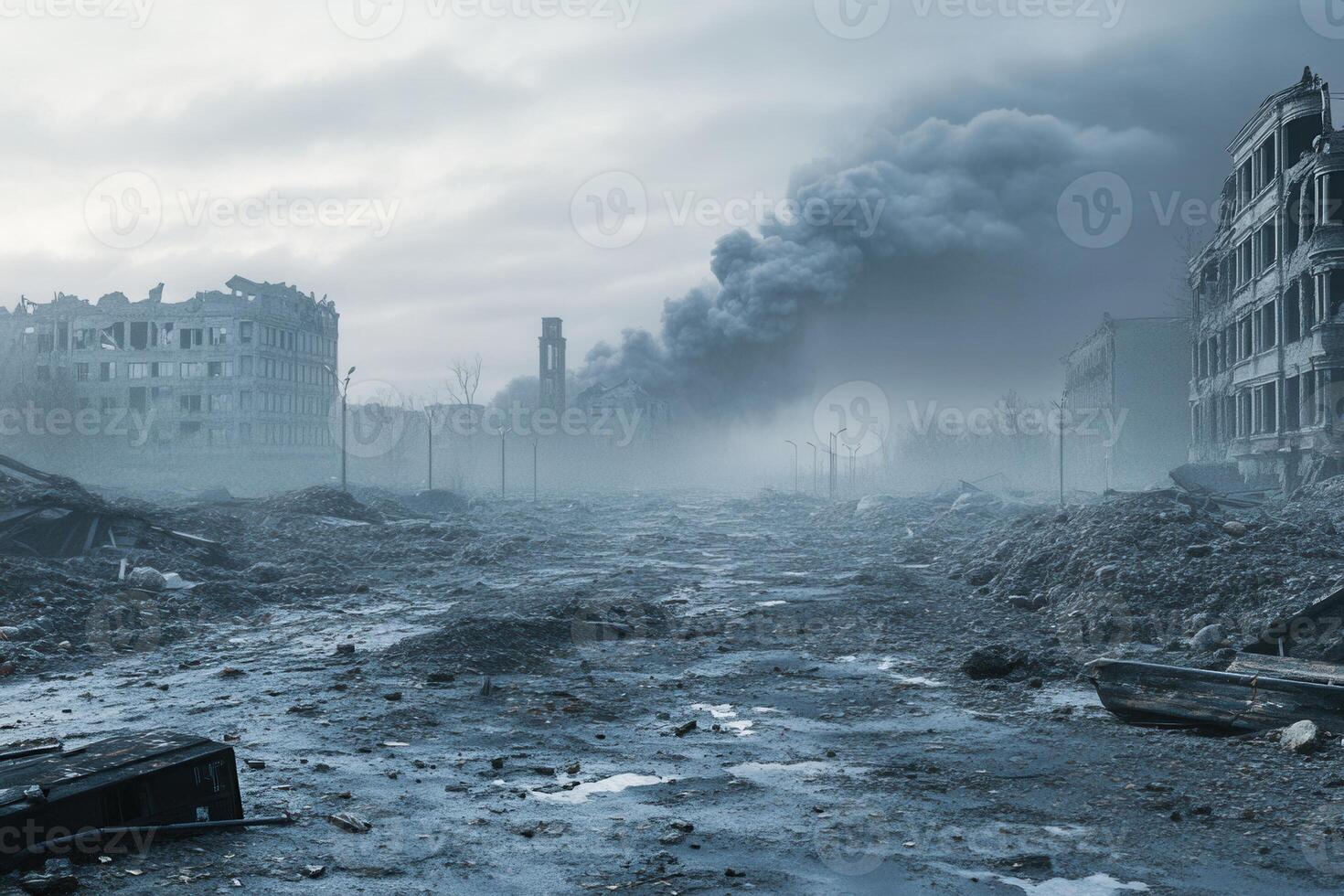 A city with a lot of rubble and smoke coming out of it photo