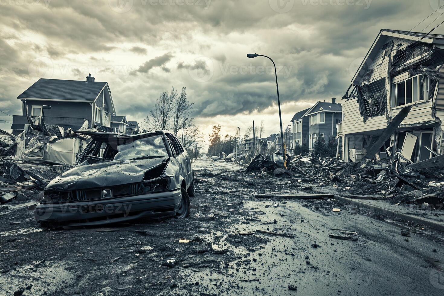 A car is sitting in the middle of a destroyed street photo