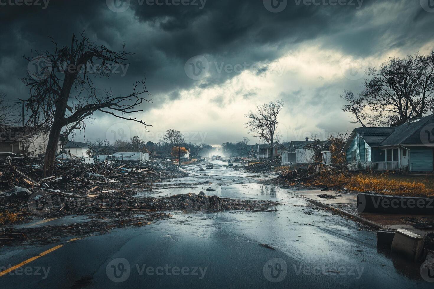 A street with debris and trees in the middle of a stormy day photo