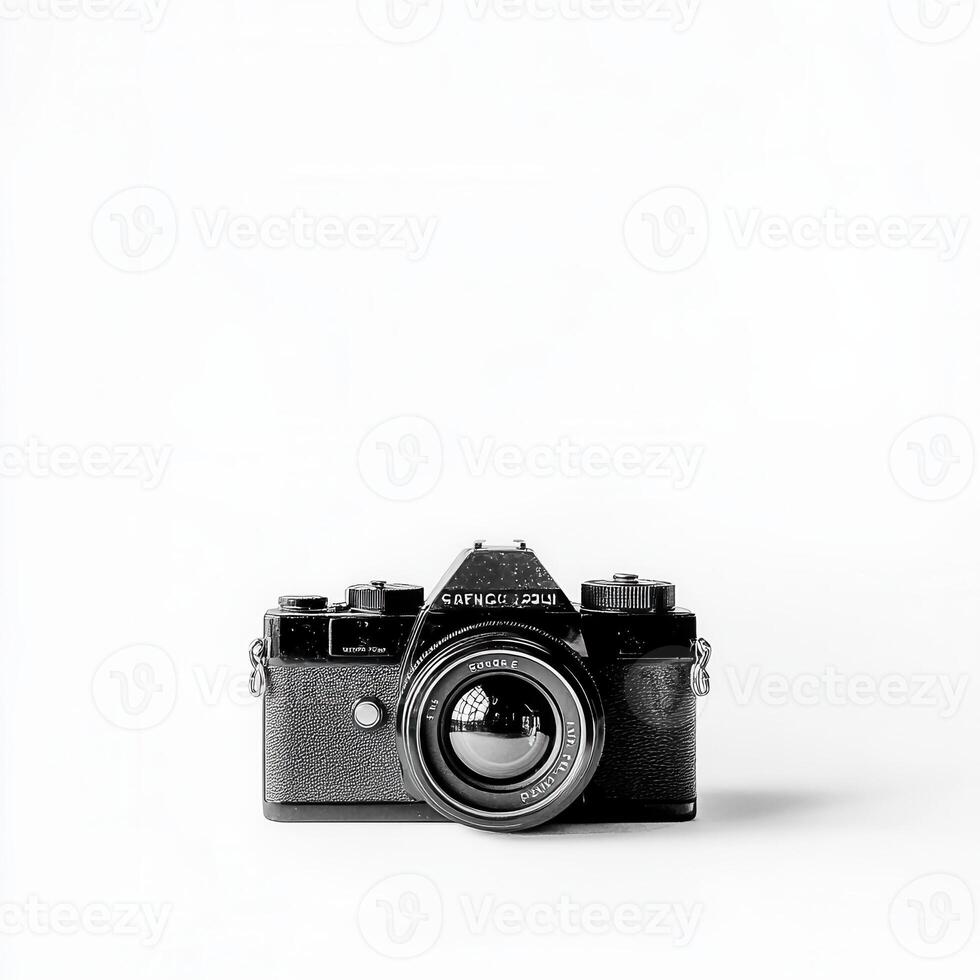 Retro camera, minimalist studio, white backdrop, photography photo