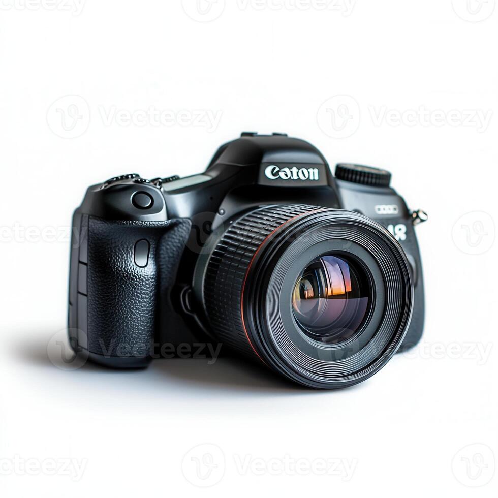 Black DSLR camera, studio shot, white background, sunset reflection photo
