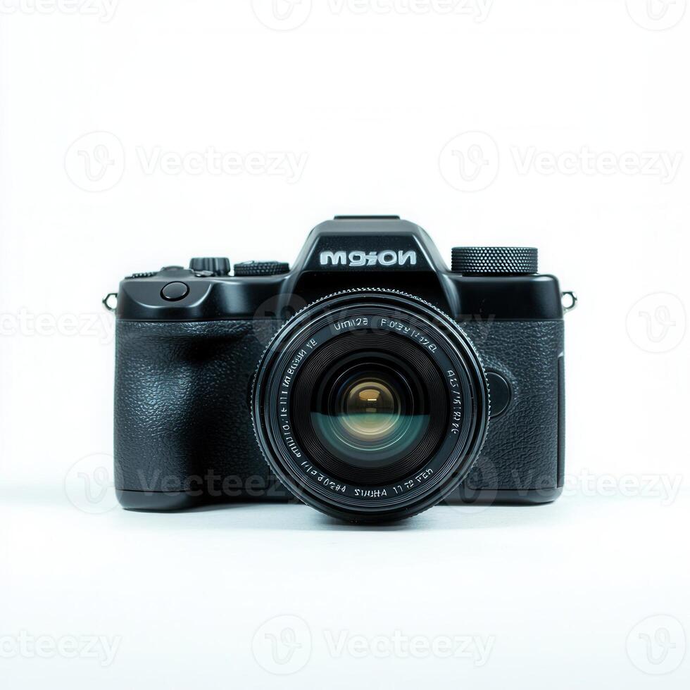 Black camera, studio shot, white background, photography photo