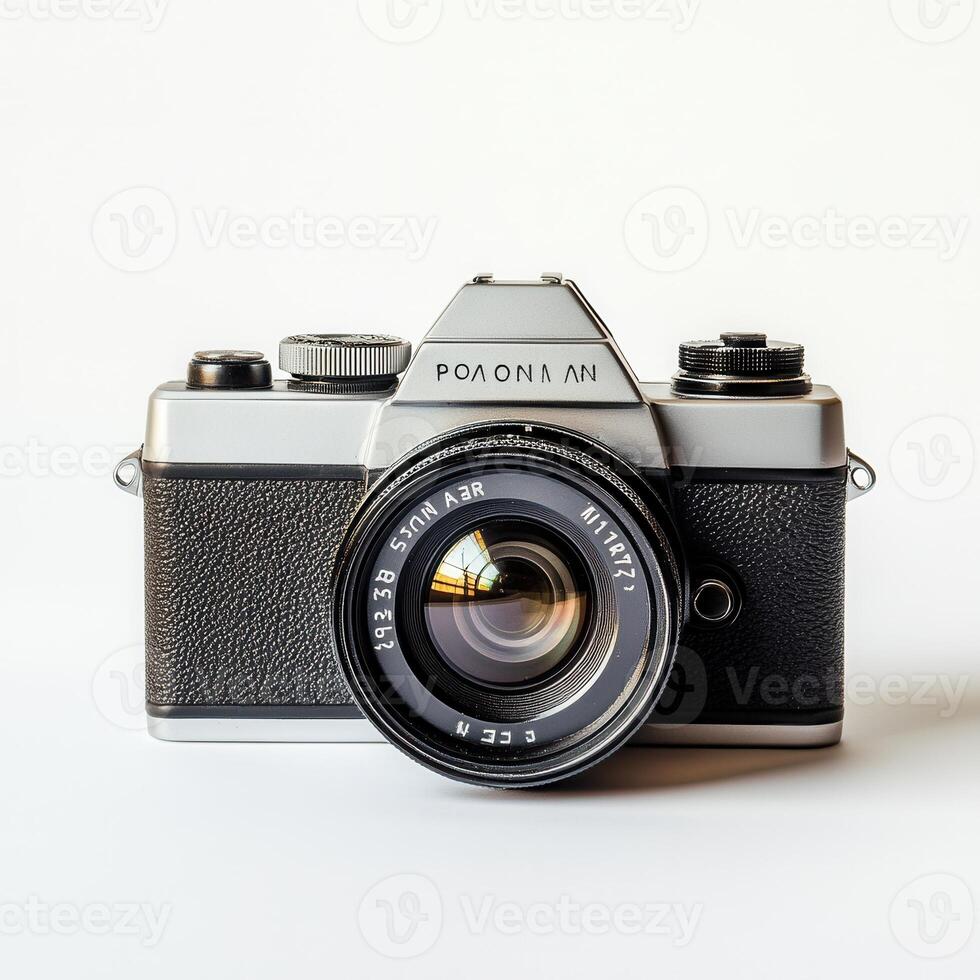 Vintage camera studio shot, white backdrop photo