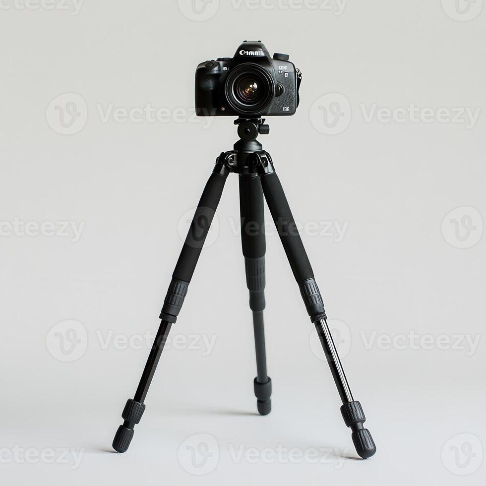 Camera tripod studio setup, neutral background photo