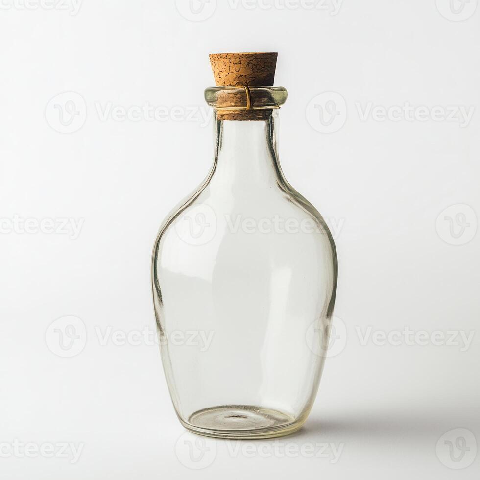 Empty glass bottle, cork stopper, white background, studio shot, product display photo