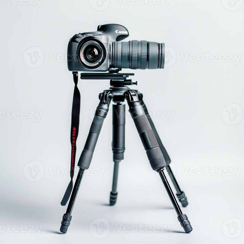 DSLR camera tripod studio shot, white backdrop photo