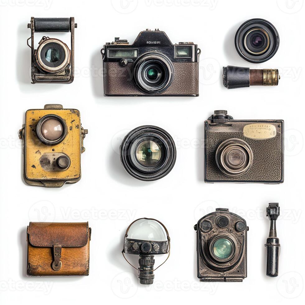 Vintage cameras, lenses, studio, white background, history photo