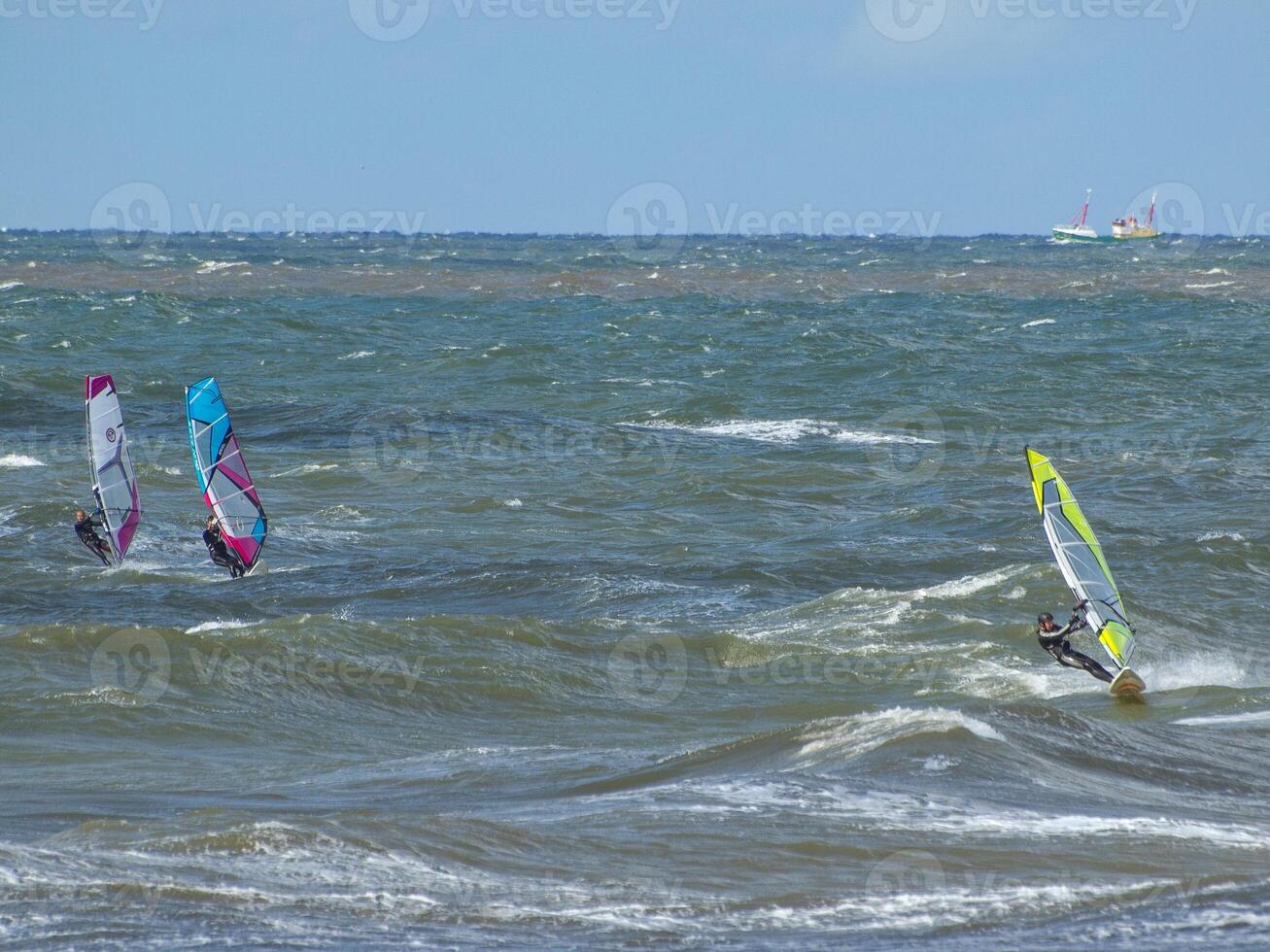 Three people windsurfing in the sea photo