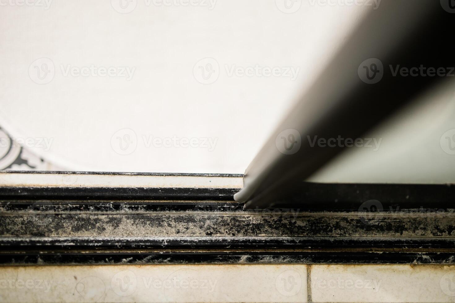 Dirty shower room. Dirty strongly stain on glass door shower room - messy bathroom concept photo