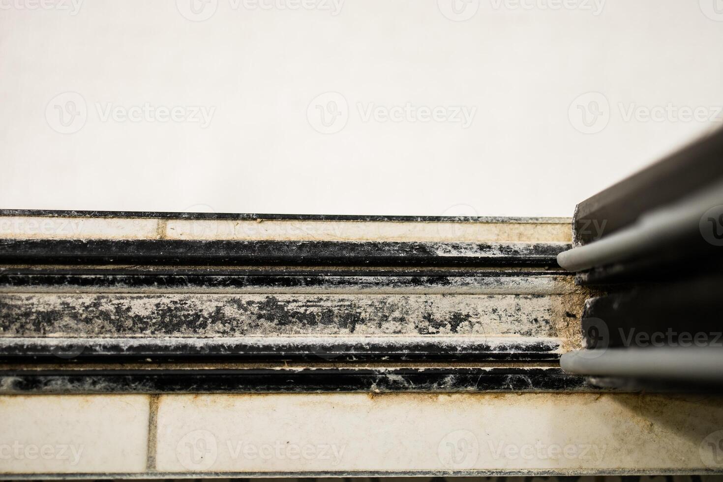 Dirty shower room. Dirty strongly stain on glass door shower room - messy bathroom concept photo