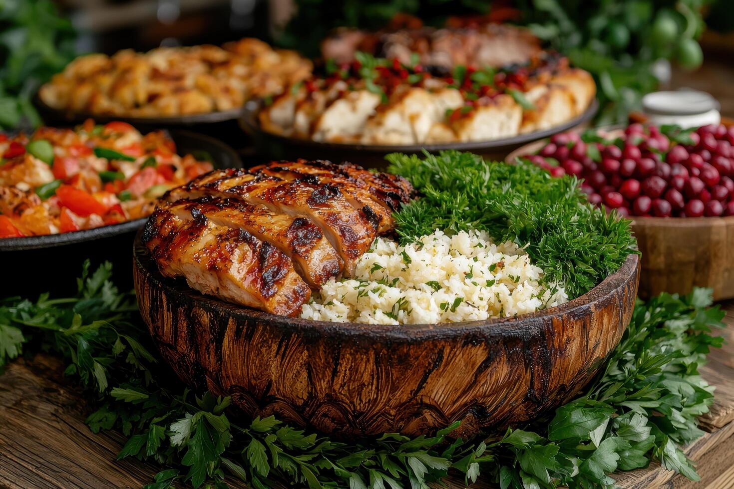 Grilled chicken breast with rice and parsley in a wooden bowl photo