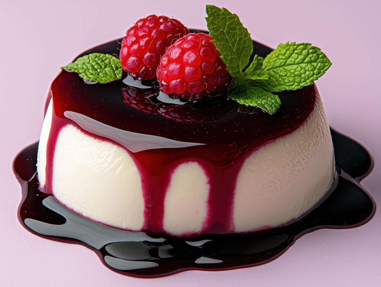 Delicious creamy panna cotta with raspberry coulis and fresh mint photo