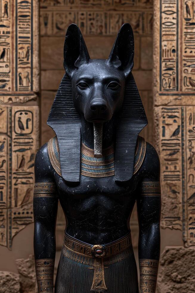Black Anubis statue against ancient egyptian hieroglyphs background photo