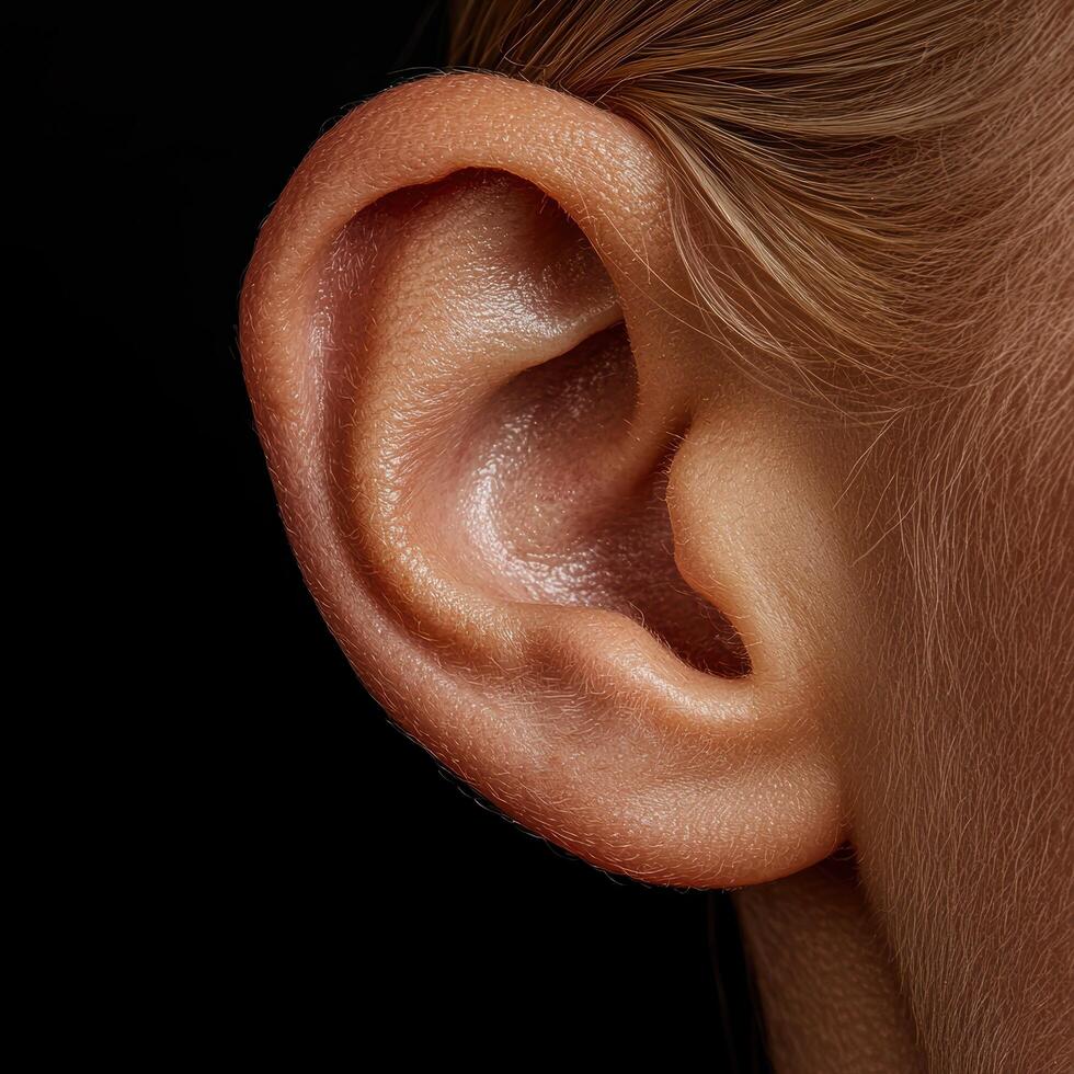Close up of a womans ear, showing intricate details and skin texture photo