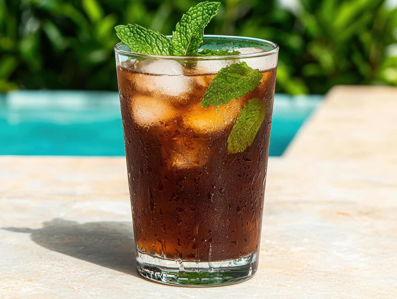 Refreshing iced tea with mint by the pool photo