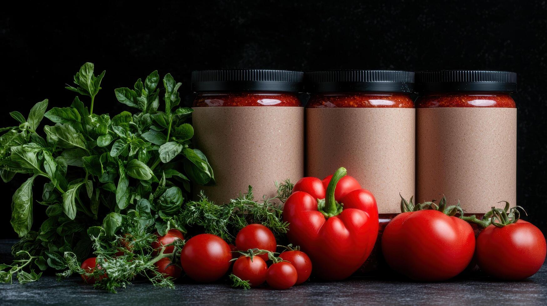 Three jars of homemade tomato sauce with fresh tomatoes and herbs photo