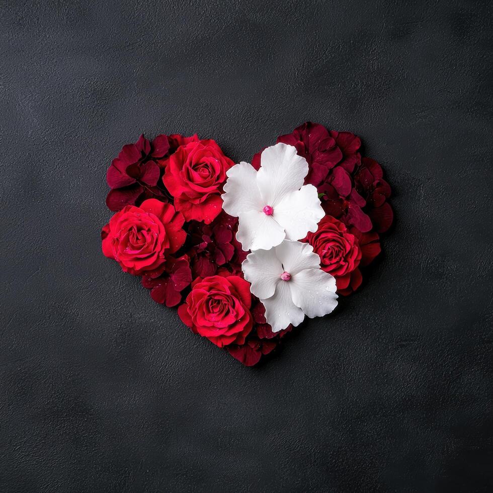 Heart shaped floral arrangement of red roses and white flowers photo