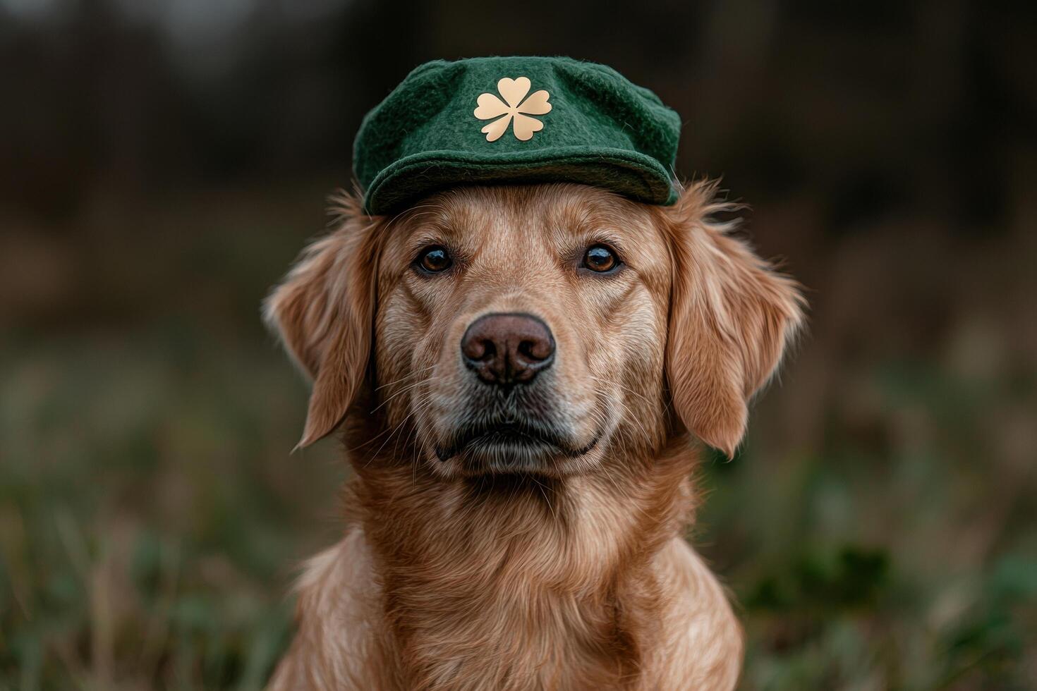 Golden Retriever wearing a green clover hat photo