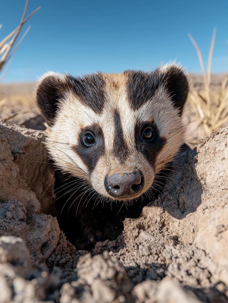 Close up of an American badger peering out of its burrow photo