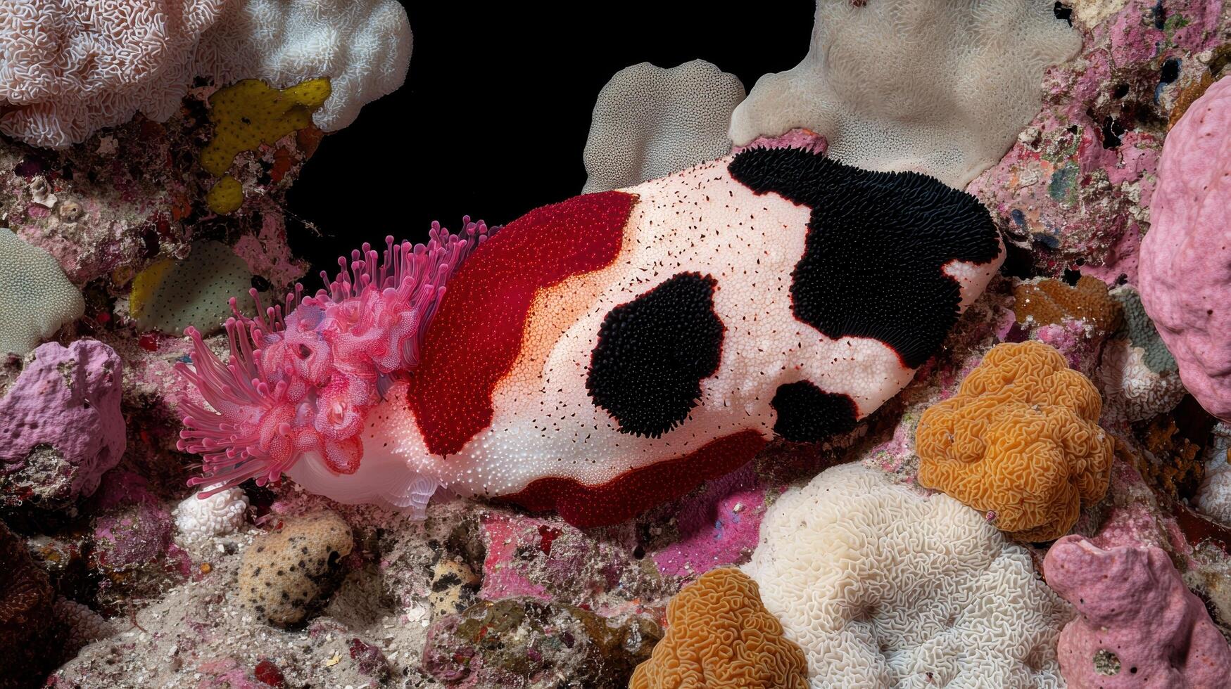 Closeup of a colorful nudibranch on a vibrant coral reef photo