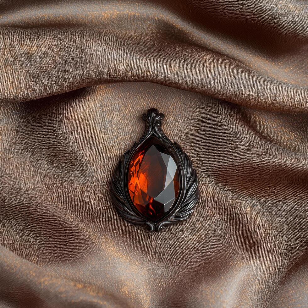 Elegant amber pendant on brown silk fabric photo