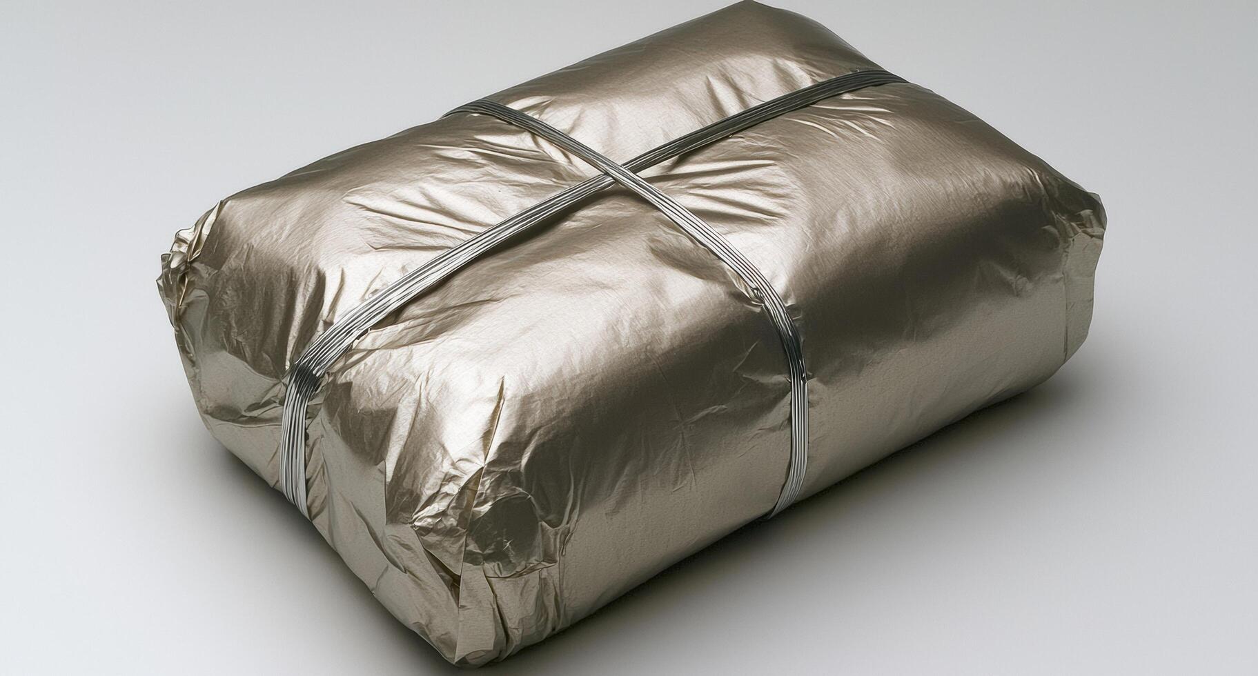 Metallic package wrapped in silver foil and tied with wire photo