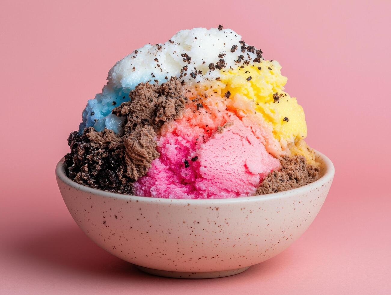 Rainbow sherbet ice cream in a speckled bowl photo