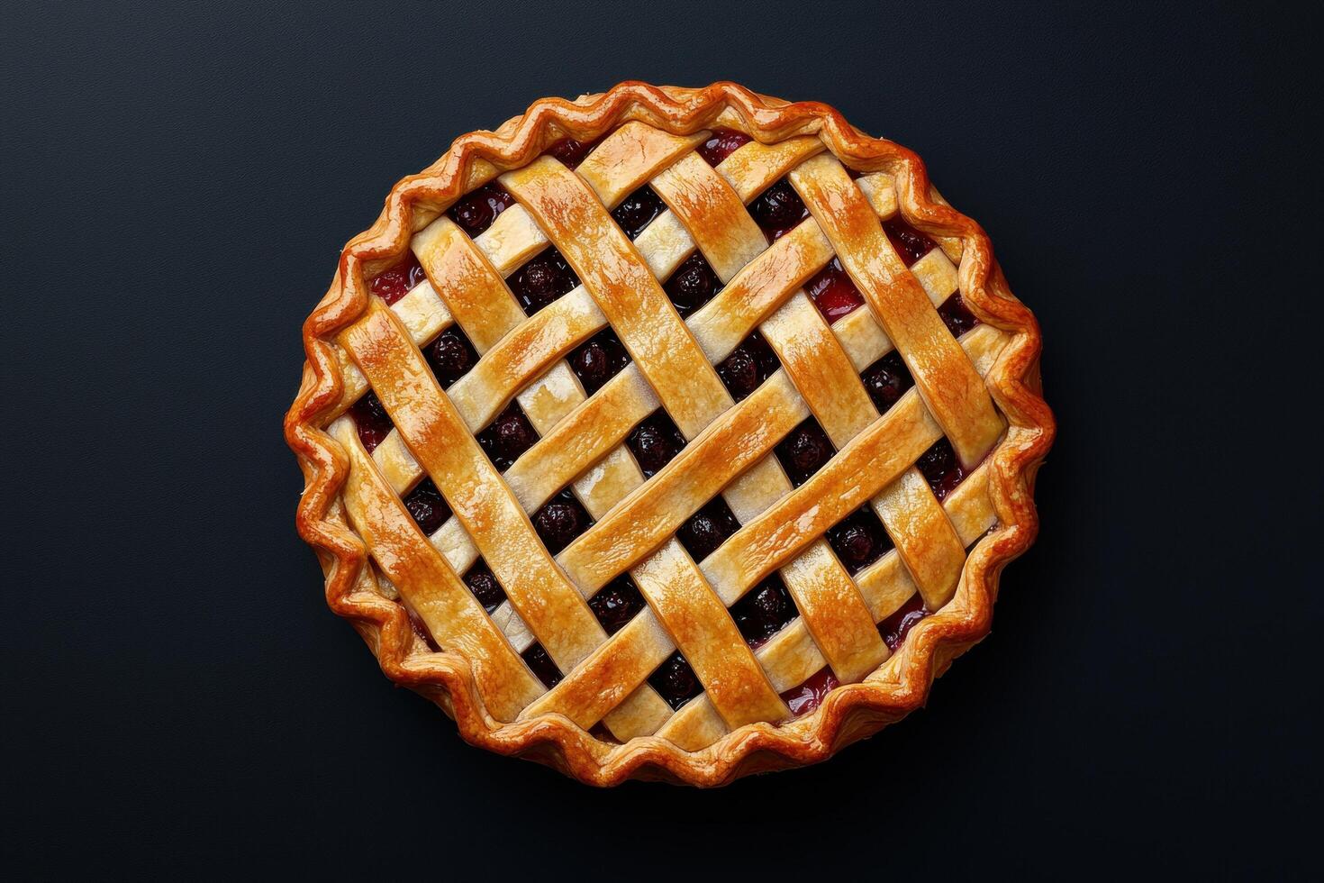 Overhead shot of a delicious homemade blueberry pie with a lattice crust photo