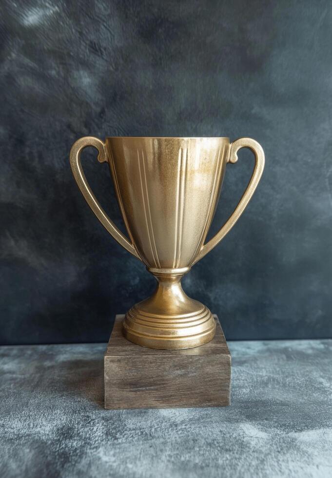 Gold trophy on wooden base against dark background photo