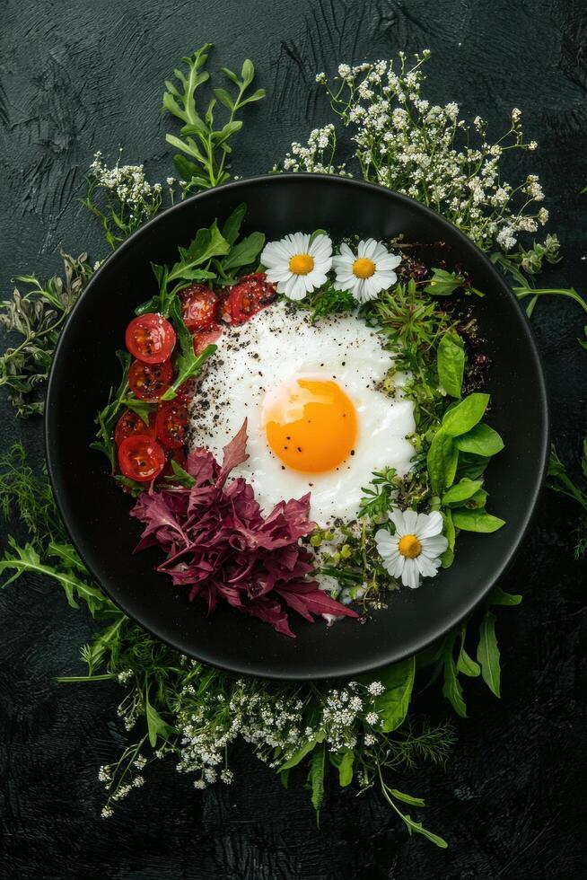 Fried egg with microgreens and edible flowers in a black bowl photo