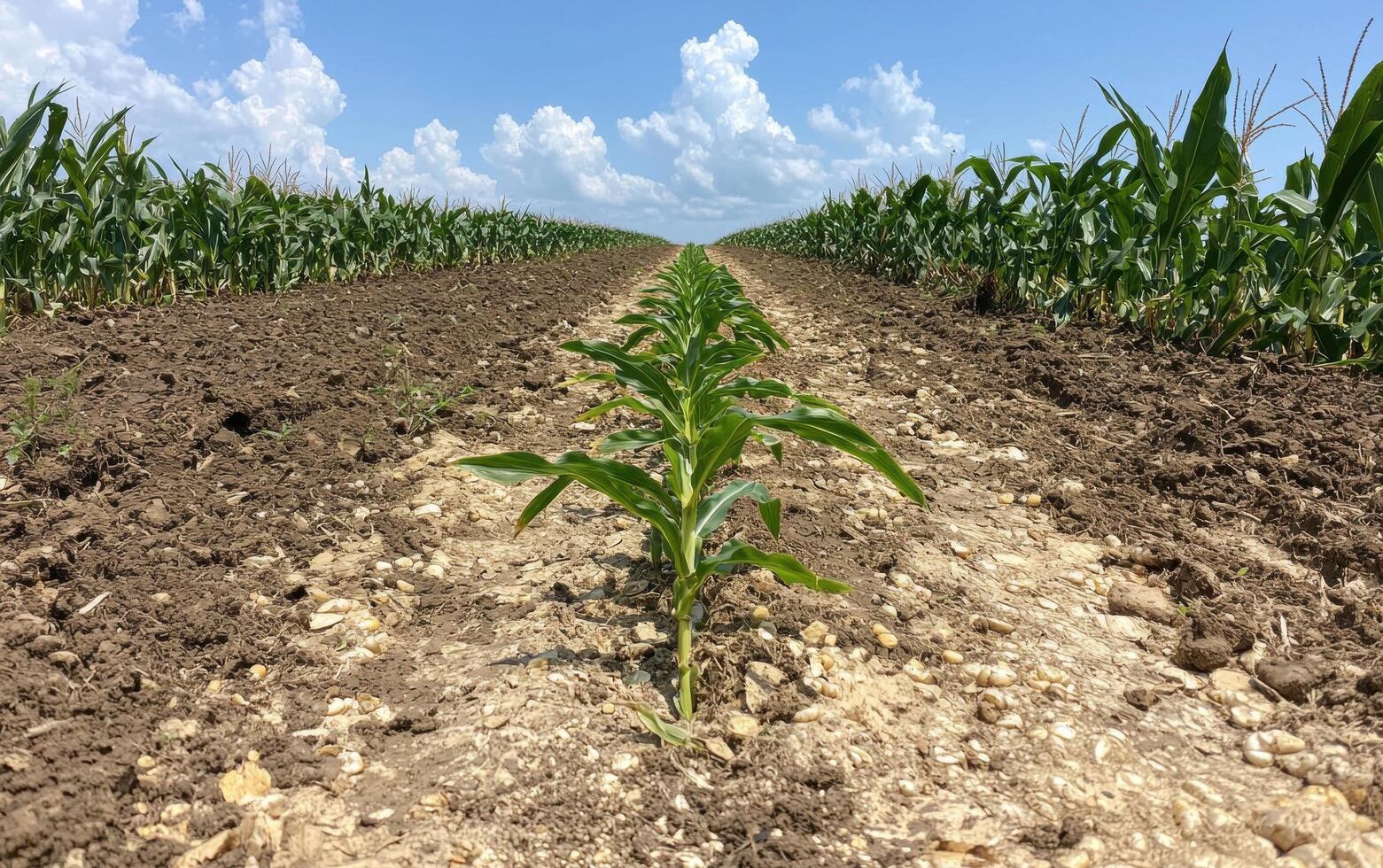 Young corn plants growing in a field photo