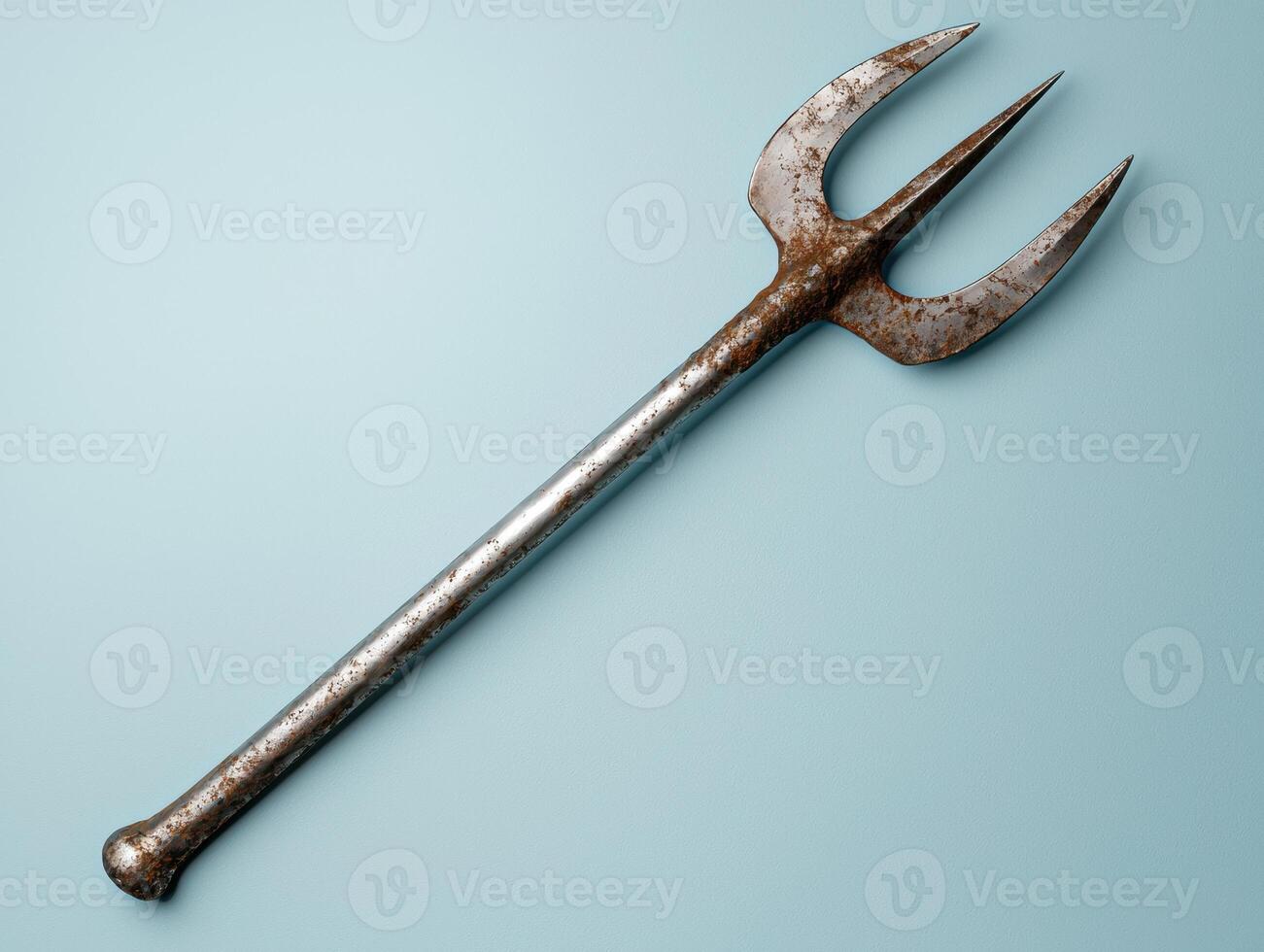 Rusty trident on a light blue background photo