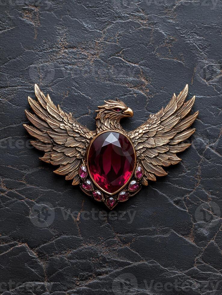 Ornate bronze eagle pendant with ruby gemstone photo