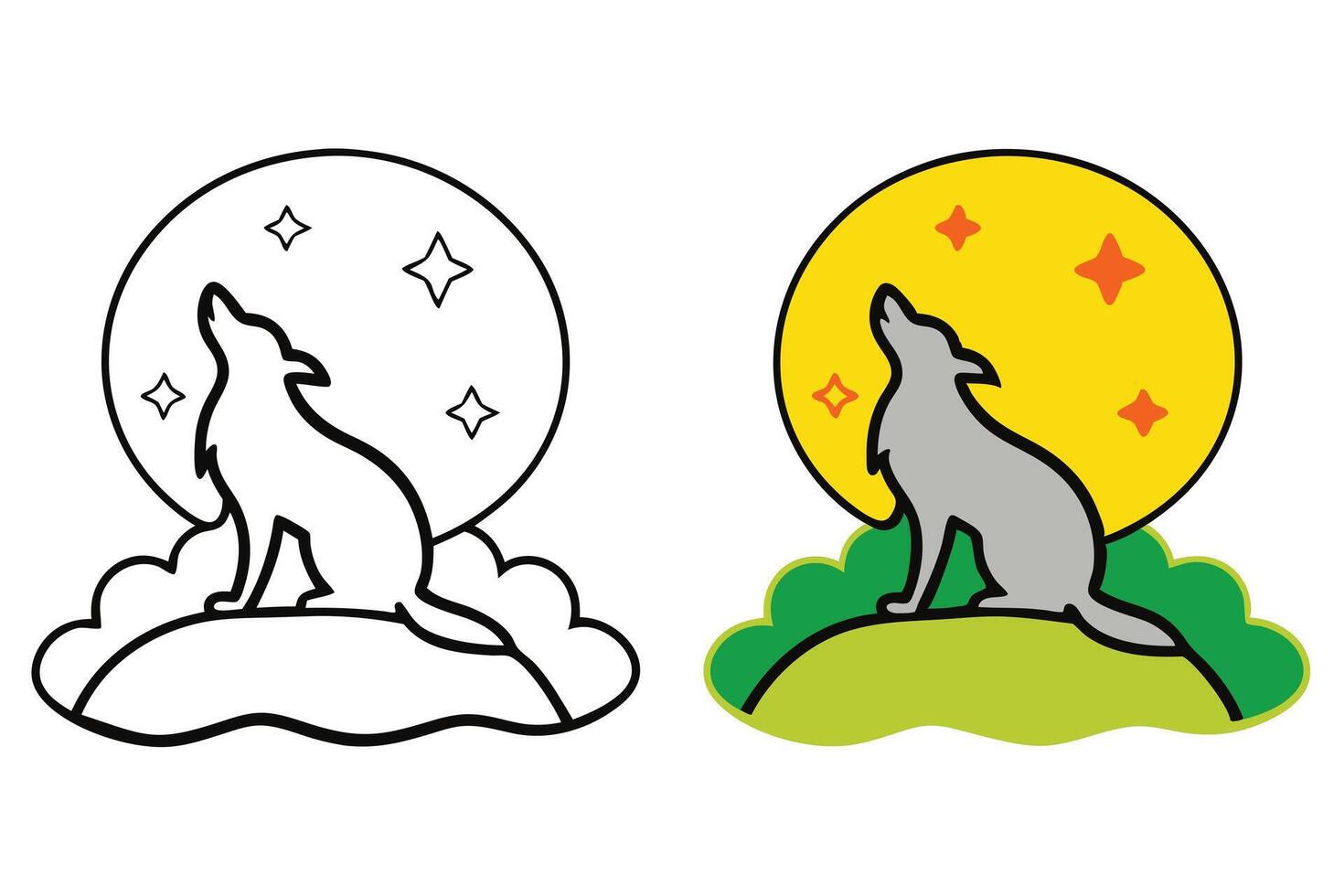 Howling Wolf Silhouette Moon Night Sky Coloring Page Design vector