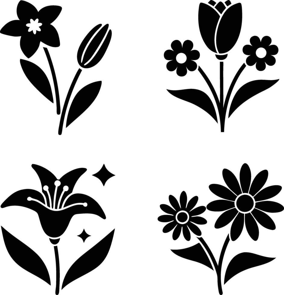 Black Silhouettes of Spring Flowers Daffodils, Tulips, Lilies, Daisies vector