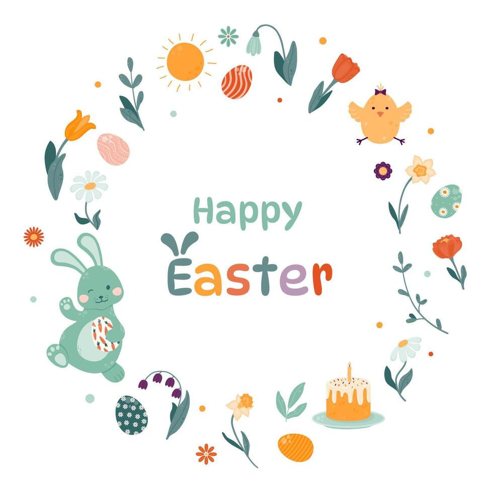 Happy Easter greeting card. Smiling rabbit holds an Easter egg in his paw and waves. vector