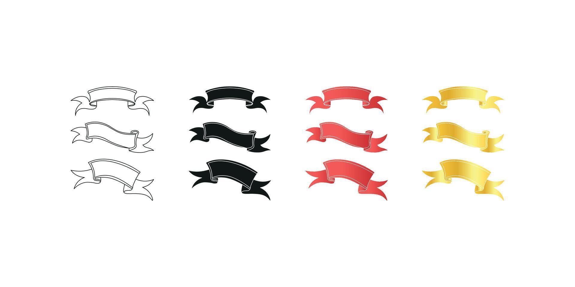 Elegant Ribbon Set in Red, Gold, and Black Silhouettes with Outline Design vector