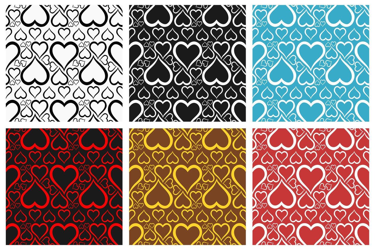 a collection of seamless patterns with a heart theme of high artistic value accompanied by varied colors. suitable for invitations, paper, fabric, or simply displayed digitally vector