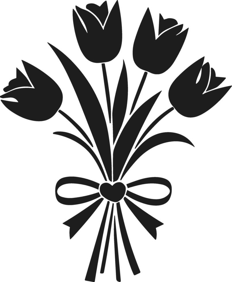 Romantic Valentine's Day Floral Bouquet Silhouette with Heart Ribbon vector