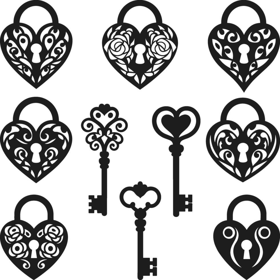 Collection of Ornate Heart Padlock and Key Silhouette Designs vector